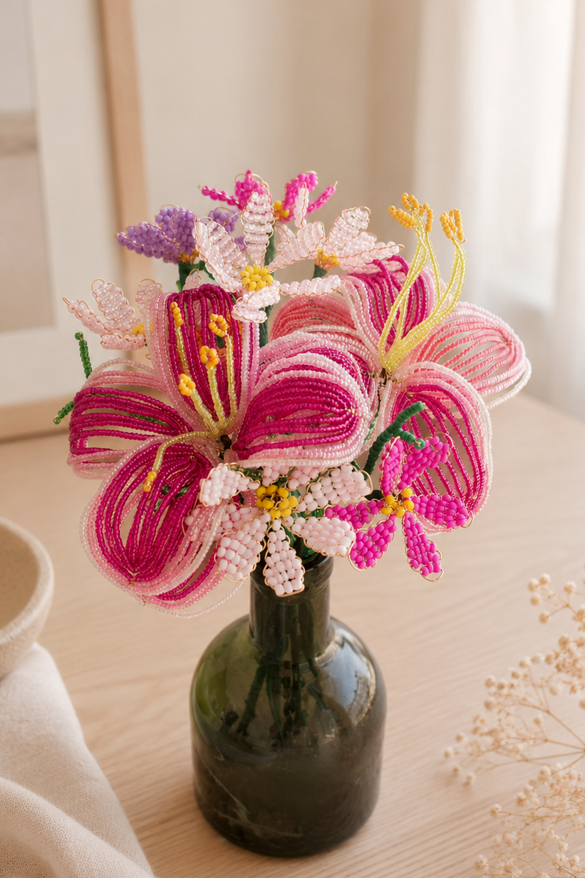 Mazzo di fiori realizzato con perline rocaille - Giglio e margherita