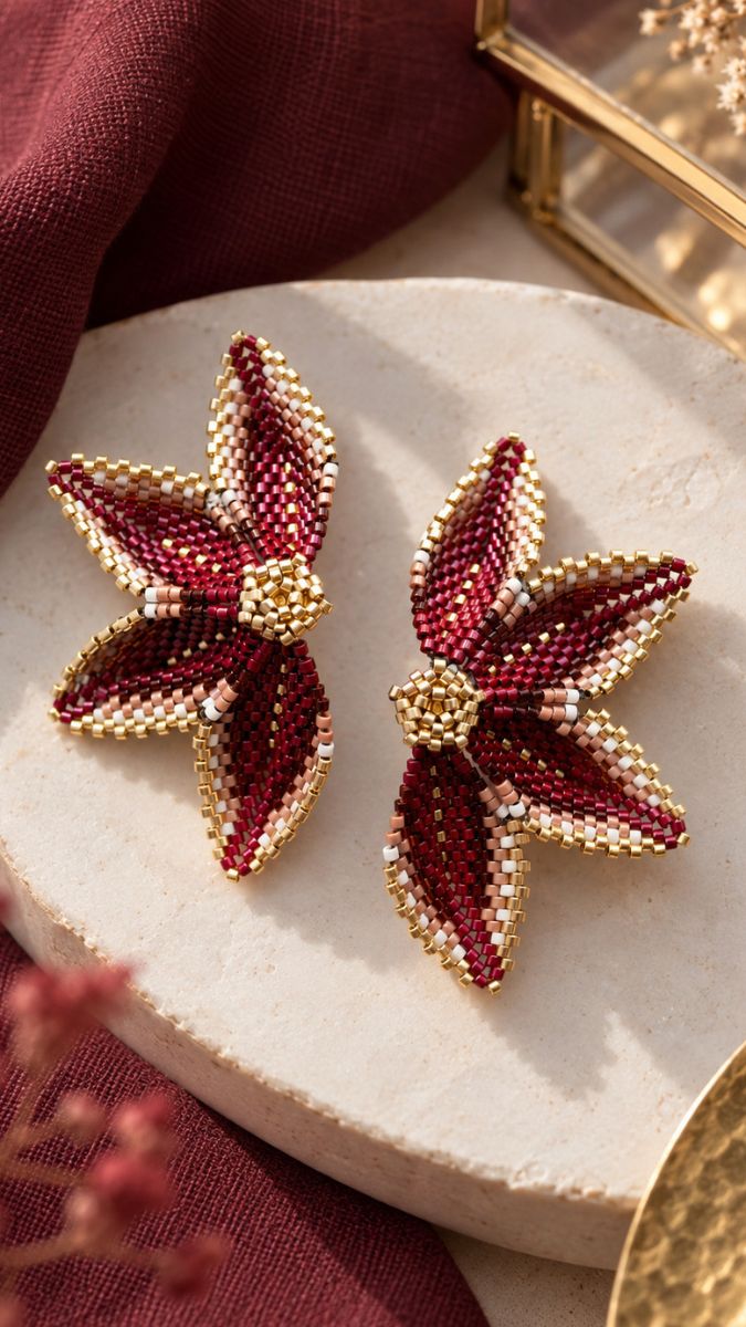 Orecchini a forma di fiore realizzati con perline Miyuki intrecciate