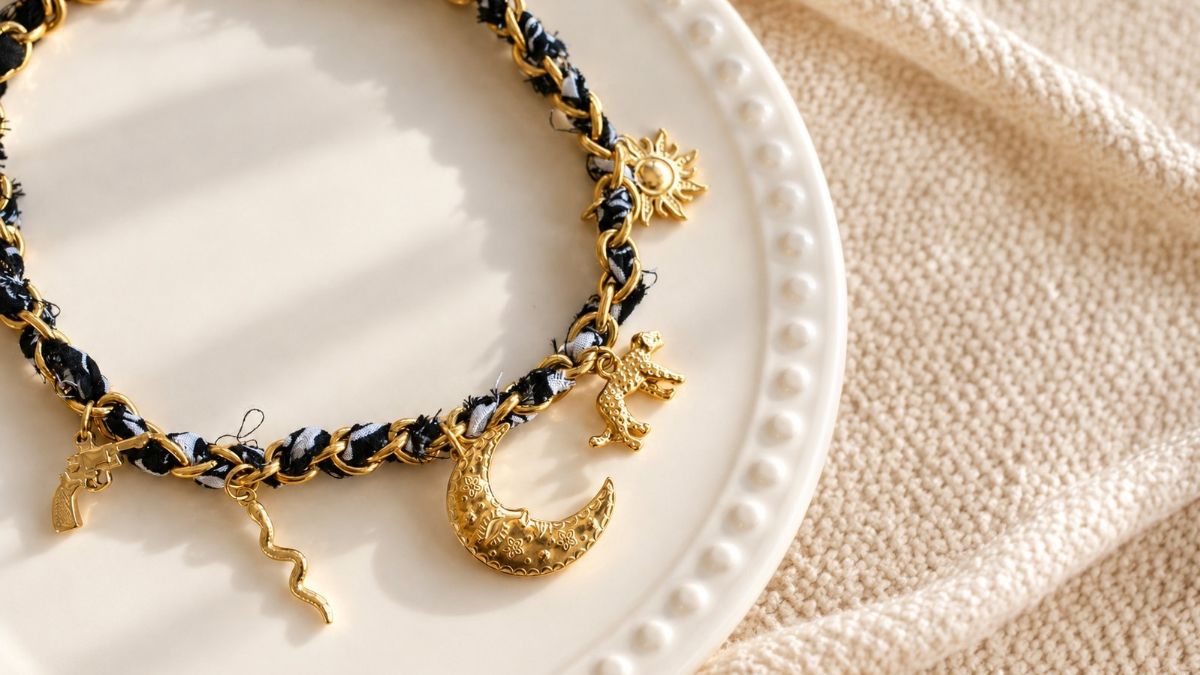 Schema Collana a bandana nera con pendenti dorati Schema Collana a bandana nera con pendenti dorati