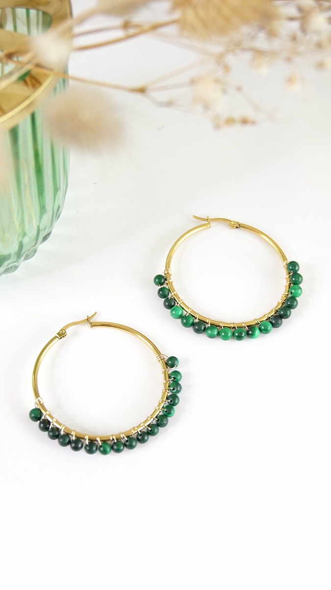 Schema Creoli con perle di pietra malachite naturale Schema Creoli con perle di pietra malachite naturale