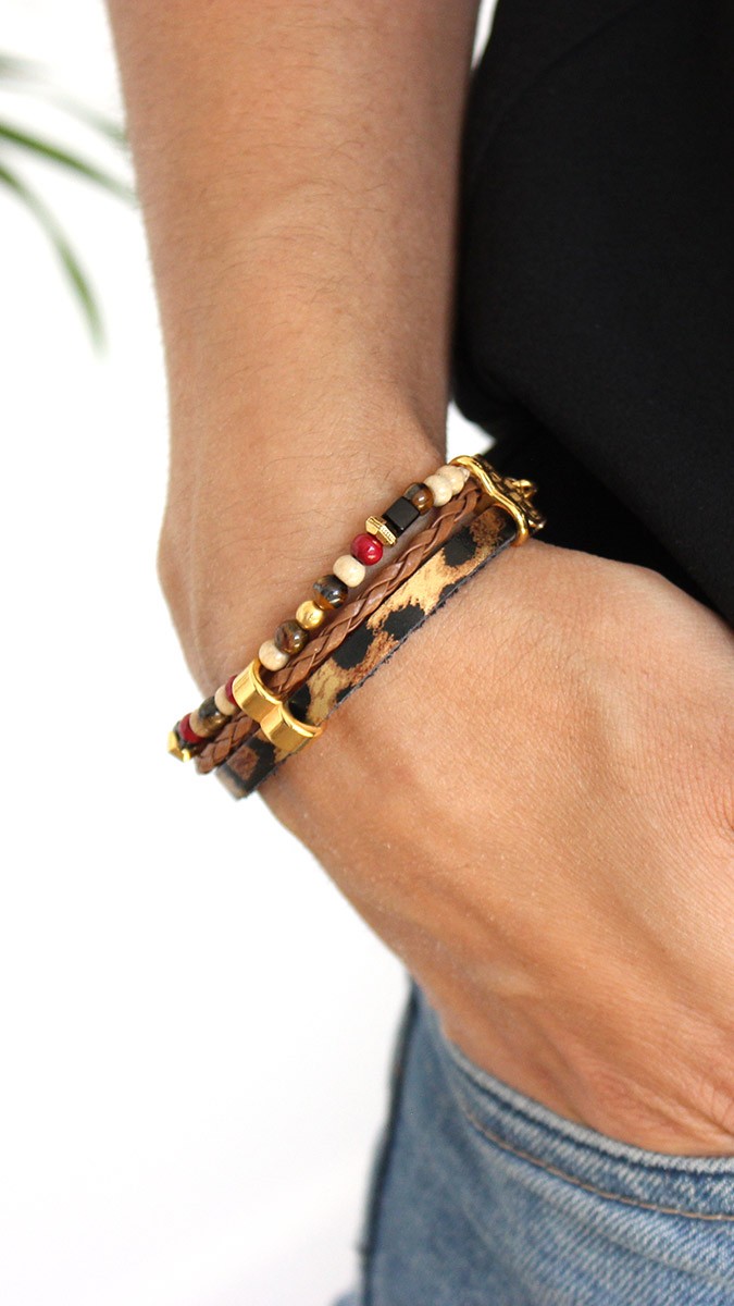 Schema Bracciale multirang leopardo con perle e gemme di legno